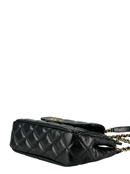 CHANEL -  25S Small Hobo Bag Black Shiny Calfskin Antique Gold Hardware