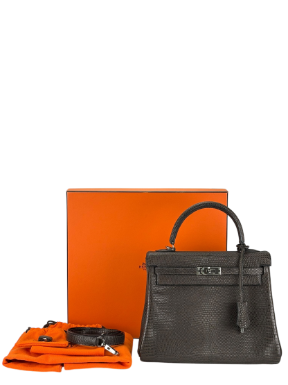 HERMES - Kelly 25 Ebenu Lizard Leather Ruthenium Hardware