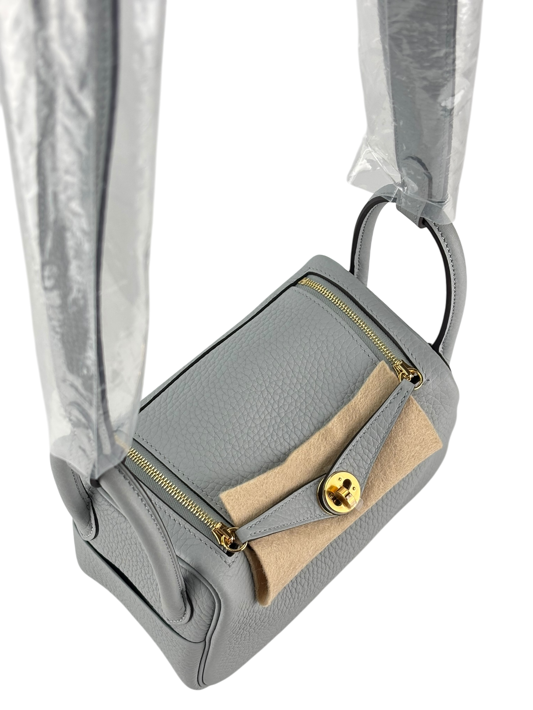 HERMES - Mini Lindy 8U Blue Glacier Taurillon Clemence Gold Hardware 