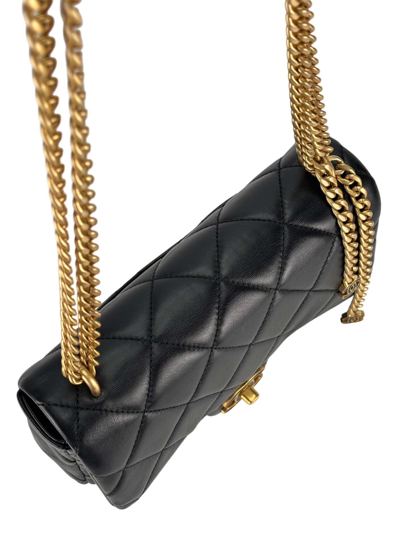 CHANEL - 22P Mini Matlasse 20 Lambskin Single Flap Chain Bag Black Gold Hardware