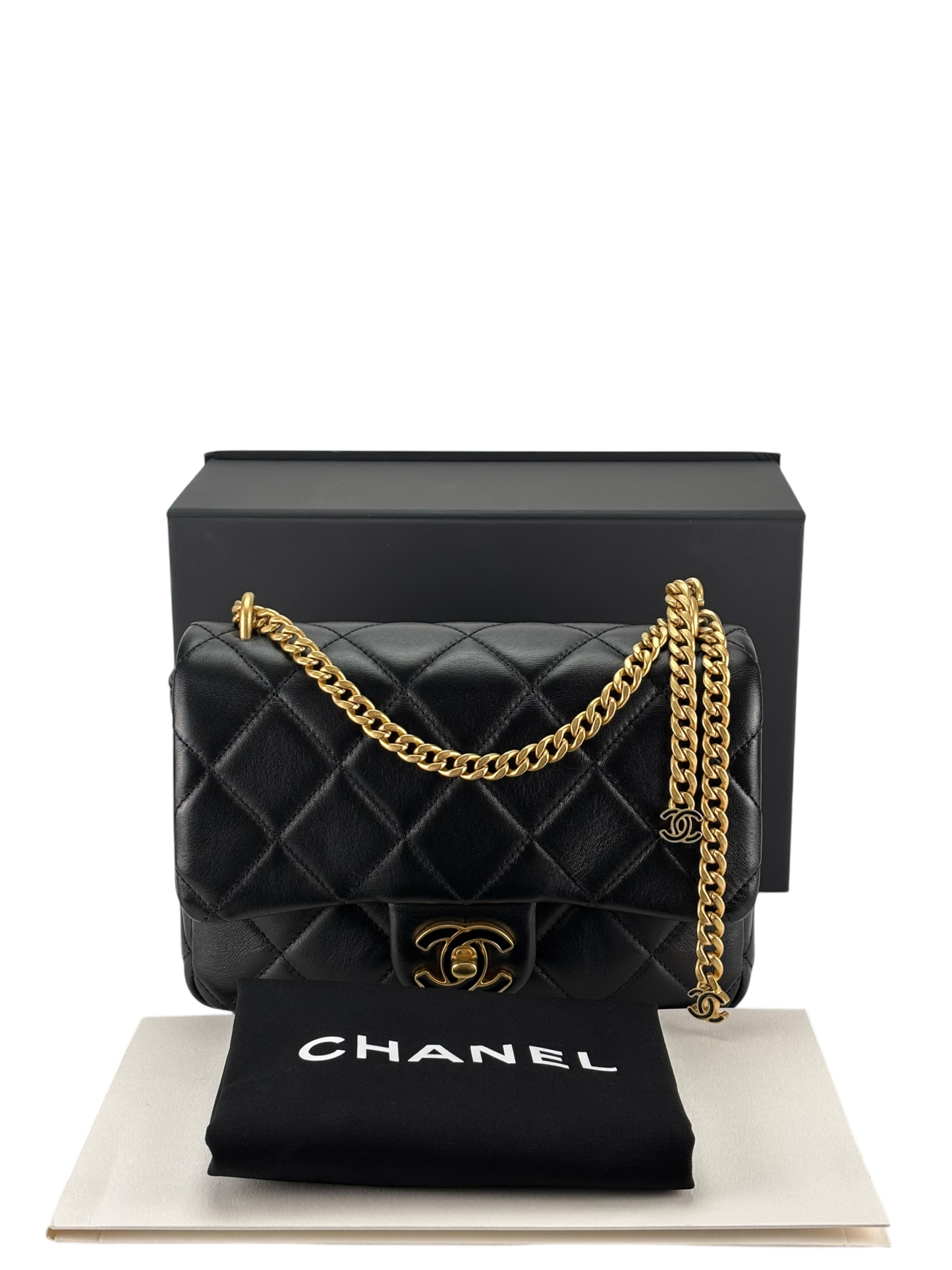 CHANEL - 22P Mini Matlasse 20 Lambskin Single Flap Chain Bag Black Gold Hardware