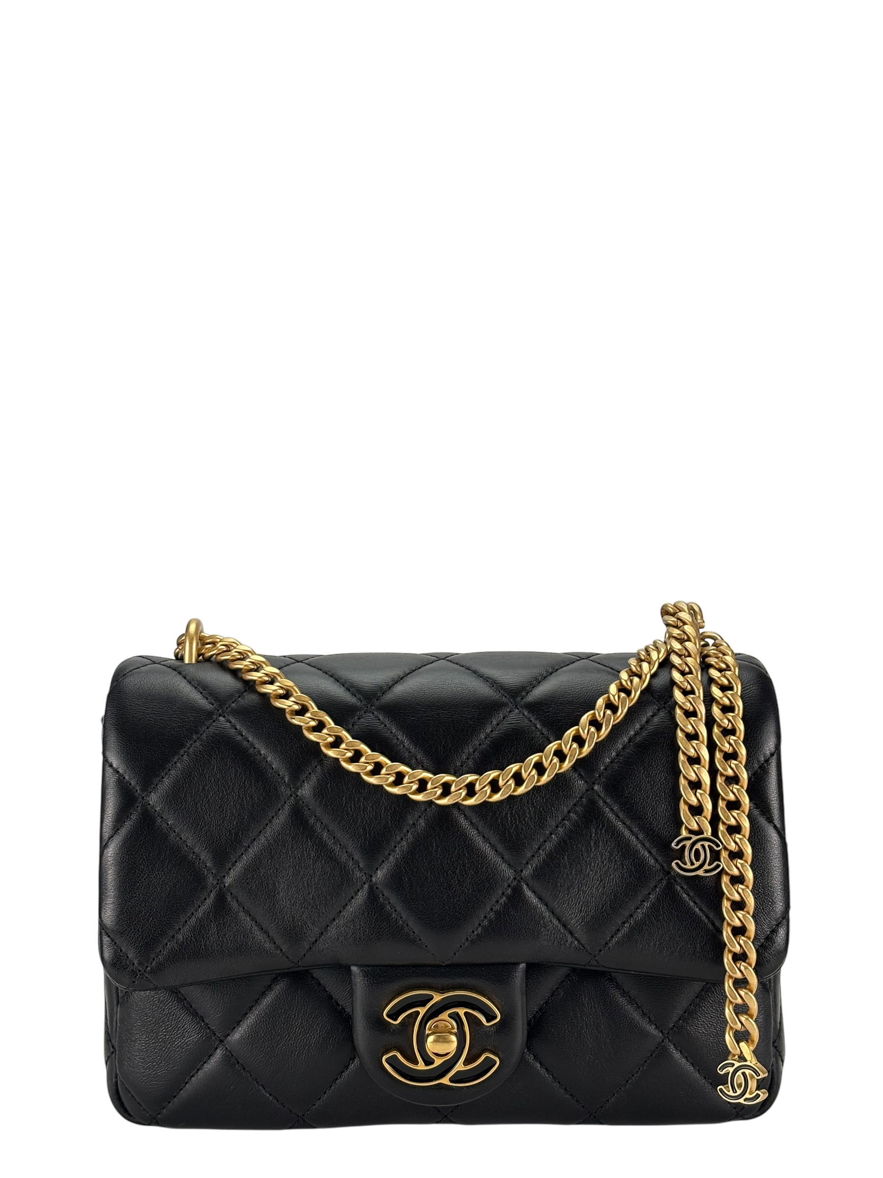 CHANEL - 22P Mini Matlasse 20 Lambskin Single Flap Chain Bag Black Gold Hardware