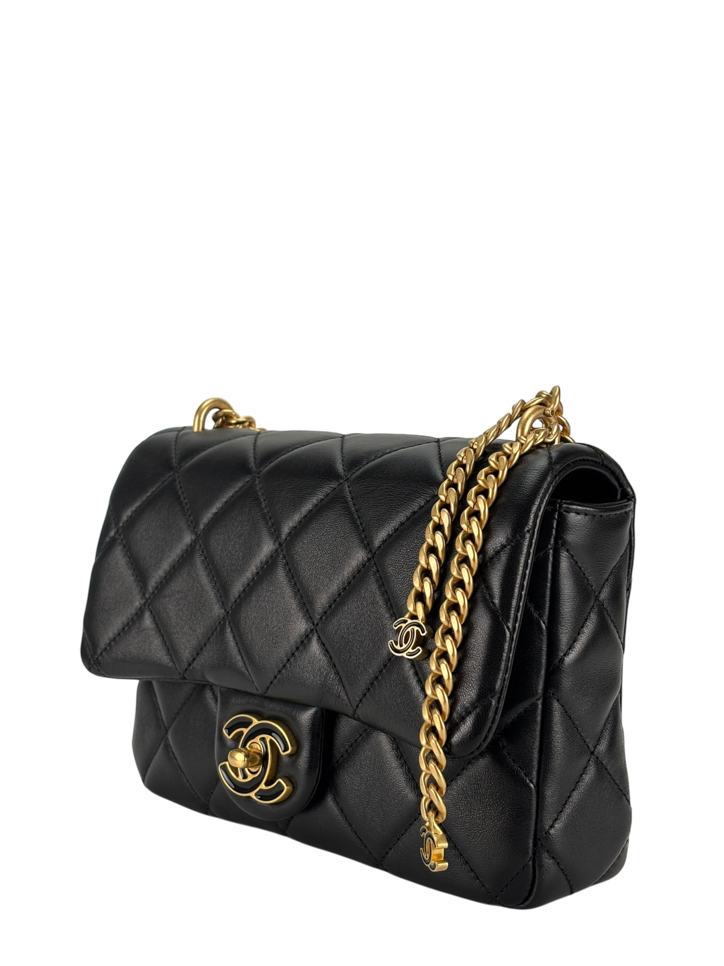 CHANEL - 22P Mini Matlasse 20 Lambskin Single Flap Chain Bag Black Gold Hardware