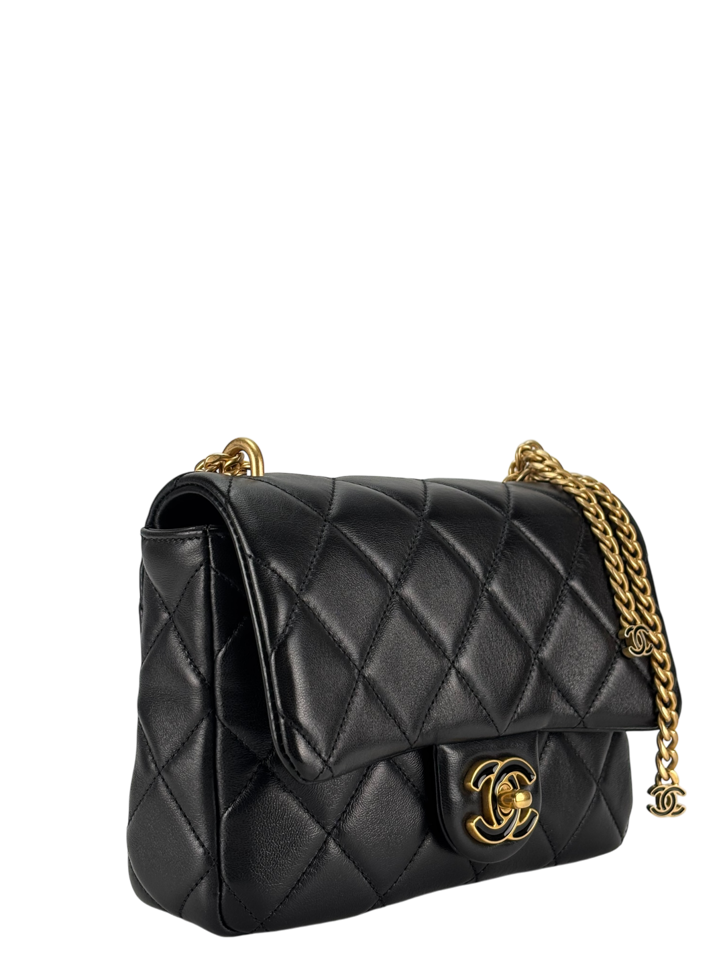 CHANEL - 22P Mini Matlasse 20 Lambskin Single Flap Chain Bag Black Gold Hardware