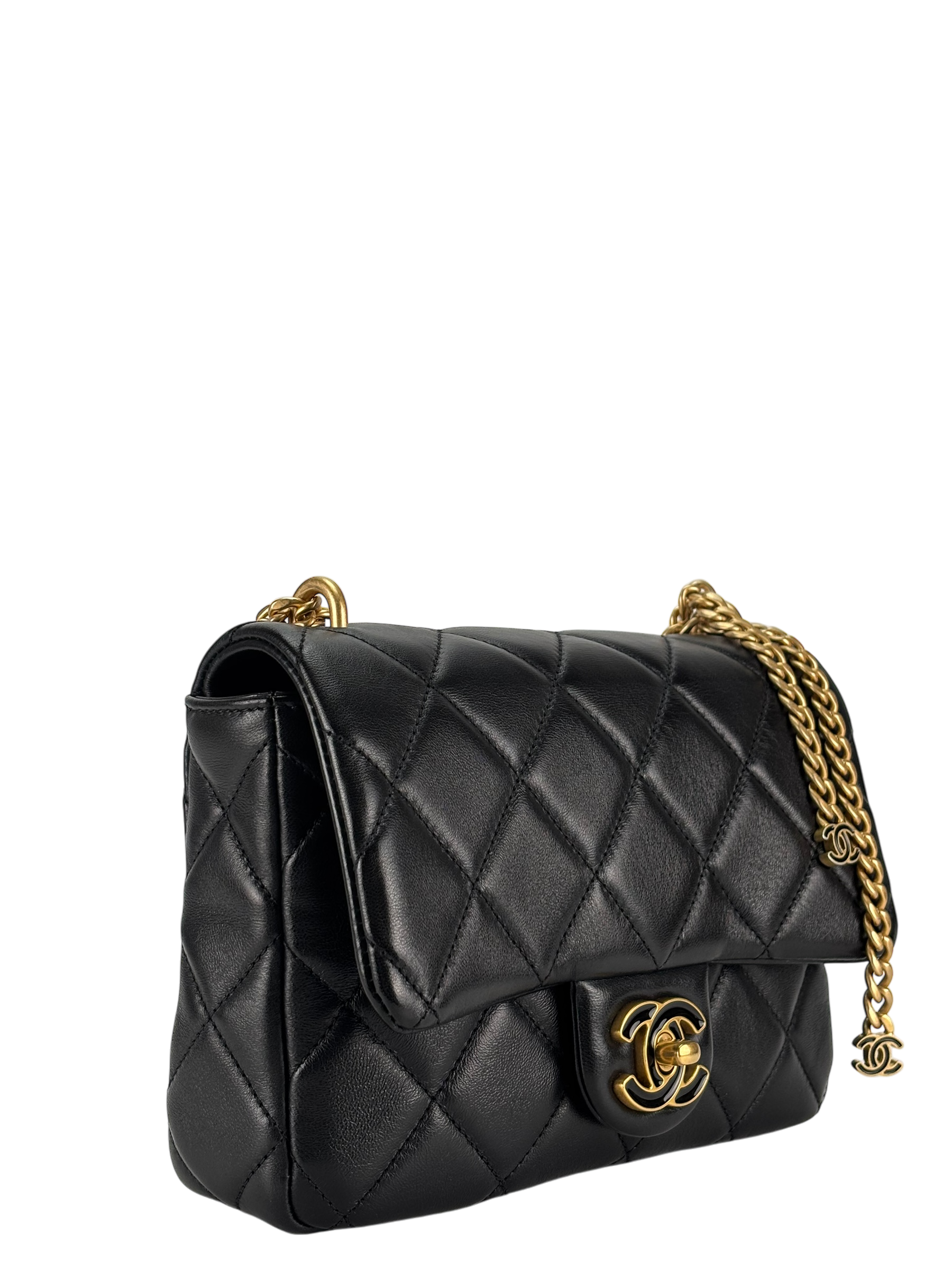 CHANEL - 22P Mini Matlasse 20 Lambskin Single Flap Chain Bag Black Gold Hardware