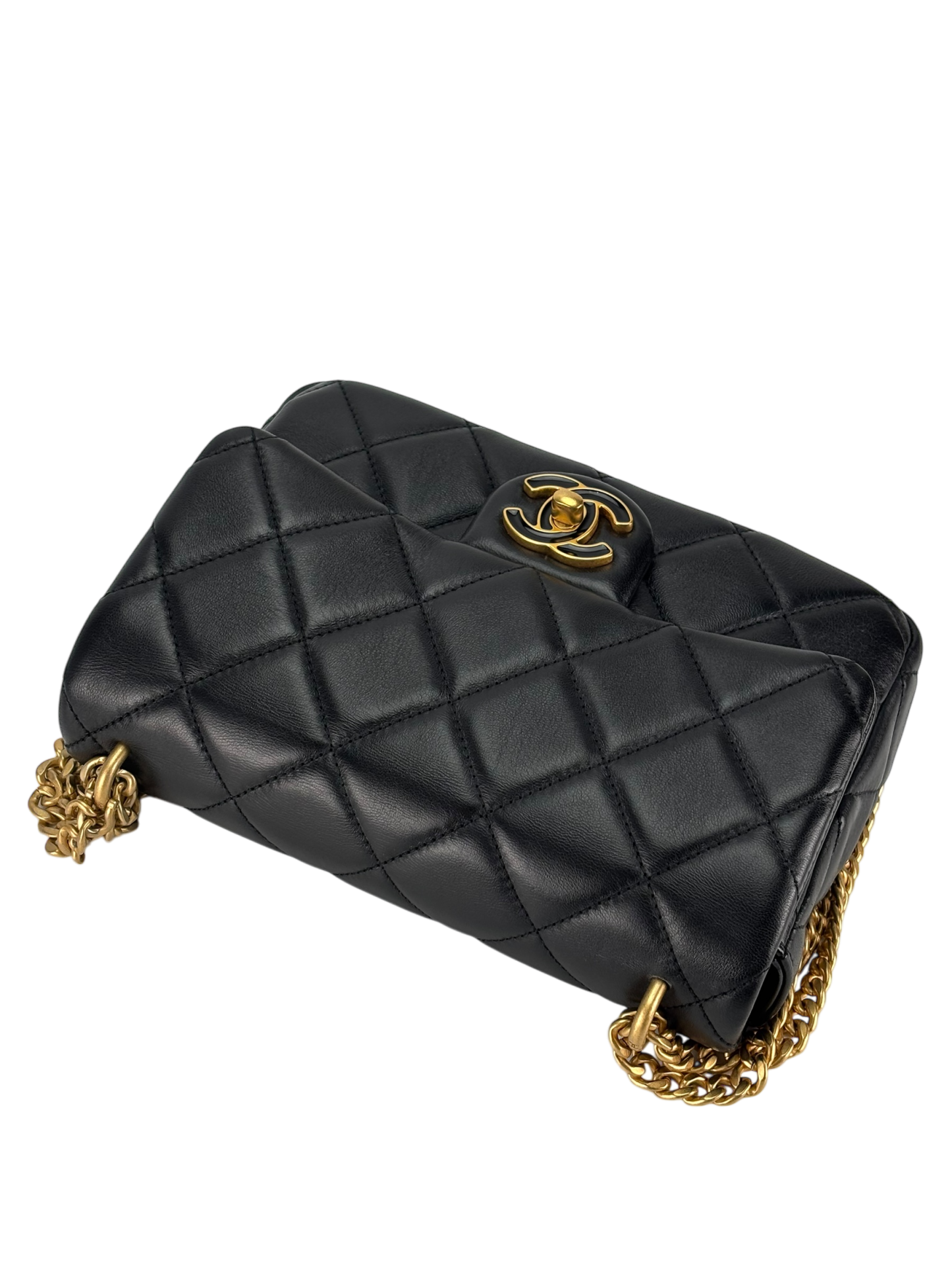 CHANEL - 22P Mini Matlasse 20 Lambskin Single Flap Chain Bag Black Gold Hardware