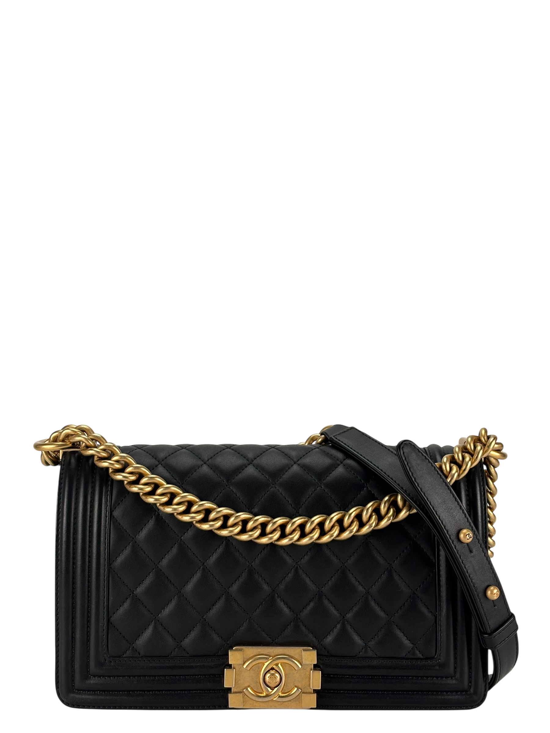 CHANEL -   Medium Boy Flap Bag Black Lambskin Gold Hardware