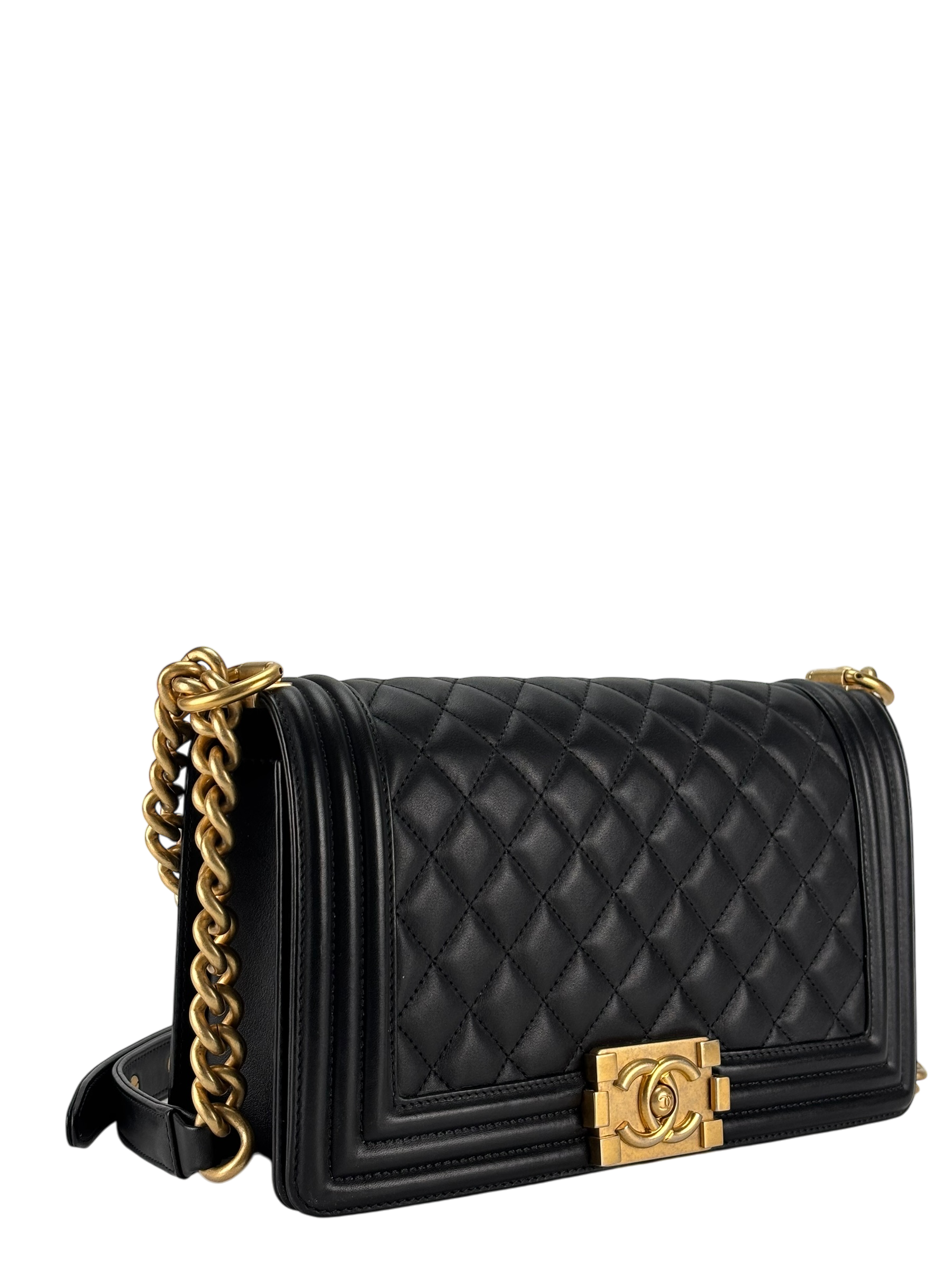 CHANEL -   Medium Boy Flap Bag Black Lambskin Gold Hardware