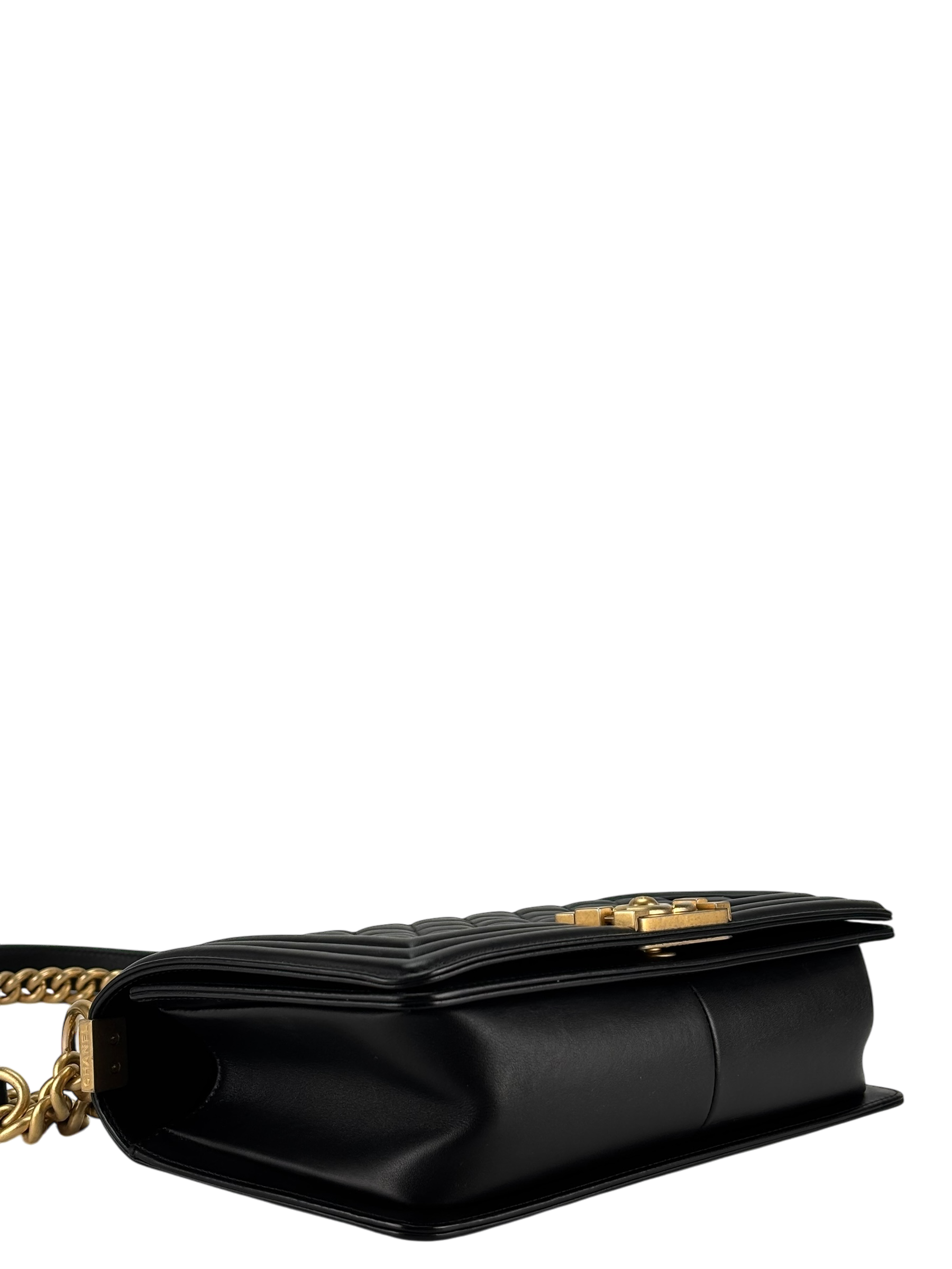 CHANEL -   Medium Boy Flap Bag Black Lambskin Gold Hardware