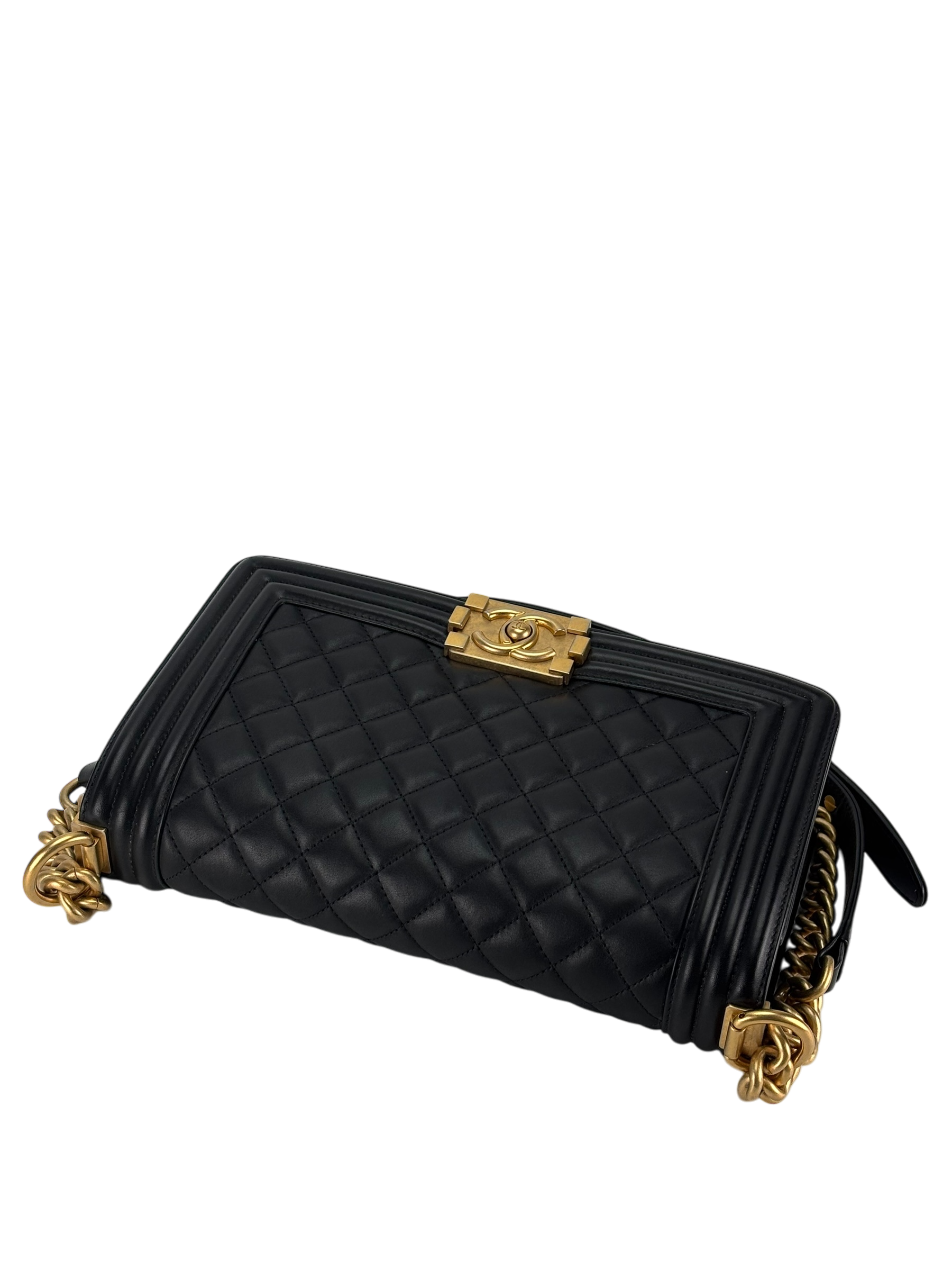 CHANEL -   Medium Boy Flap Bag Black Lambskin Gold Hardware