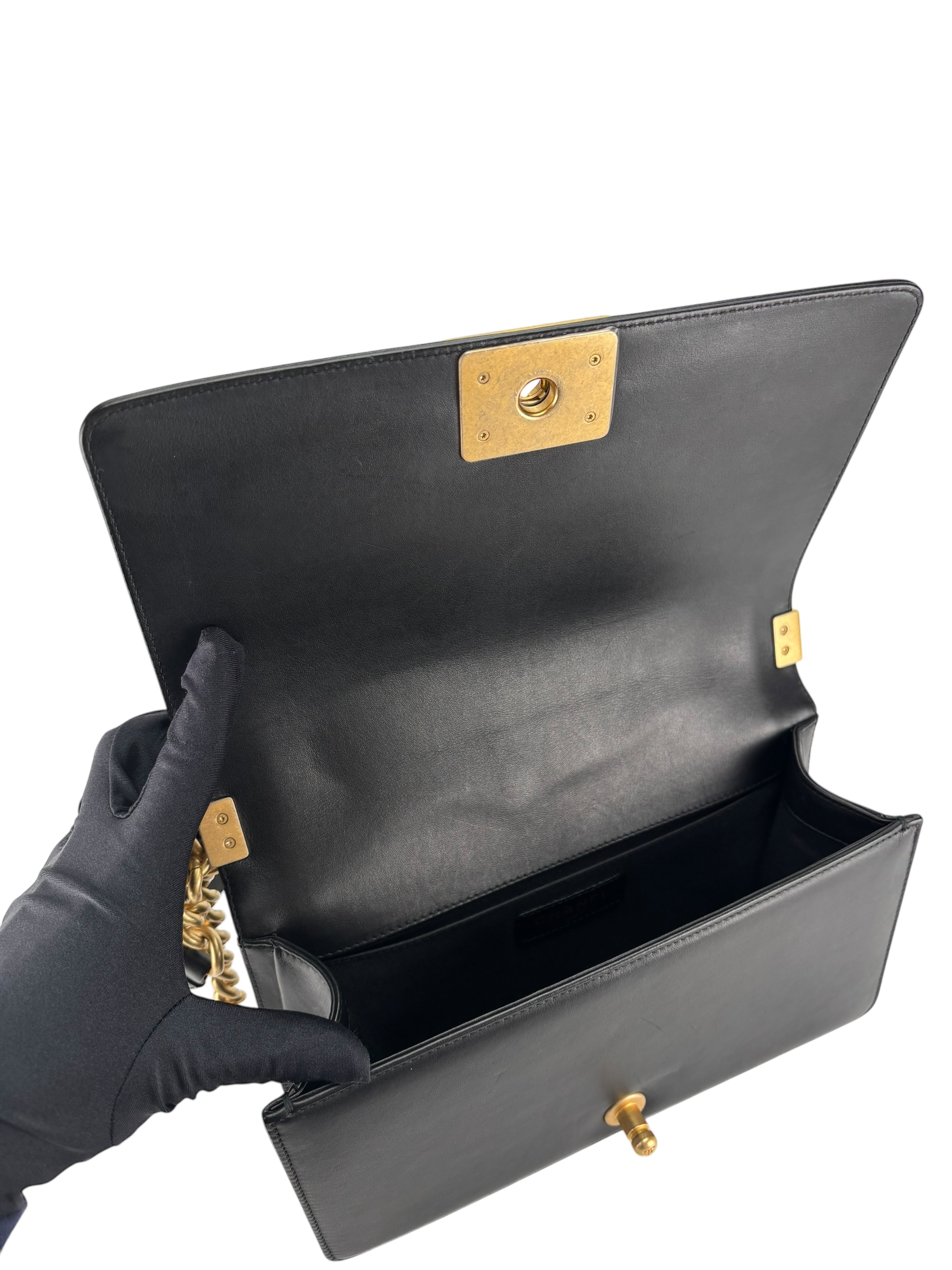 CHANEL -   Medium Boy Flap Bag Black Lambskin Gold Hardware