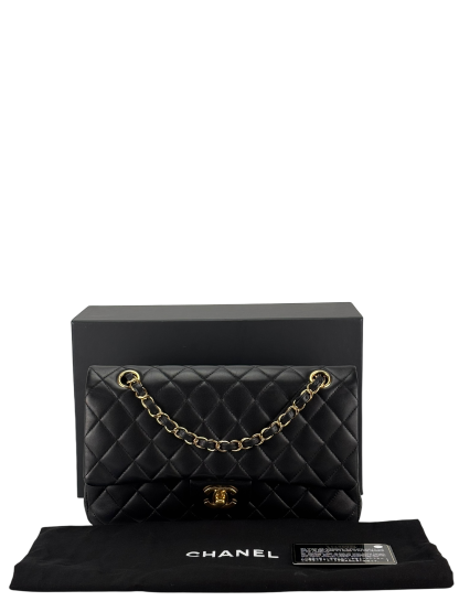 CHANEL - Medium Classic Double Flap Bag Black Lambskin Gold Hardware (CF25) 