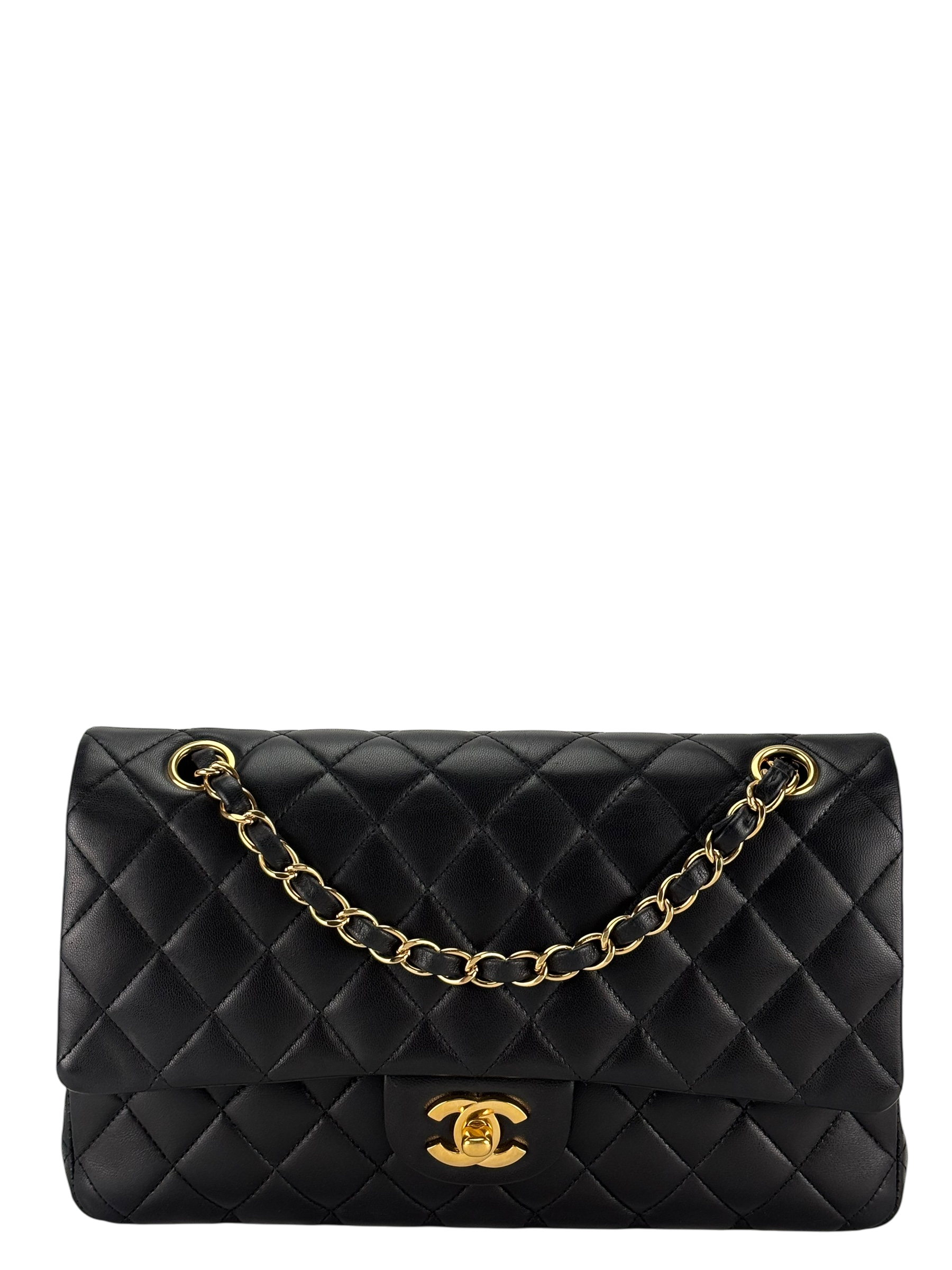 CHANEL - Medium Classic Double Flap Bag Black Lambskin Gold Hardware (CF25) 
