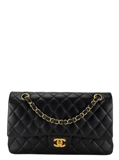 CHANEL - Medium Classic Double Flap Bag Black Lambskin Gold Hardware (CF25) 