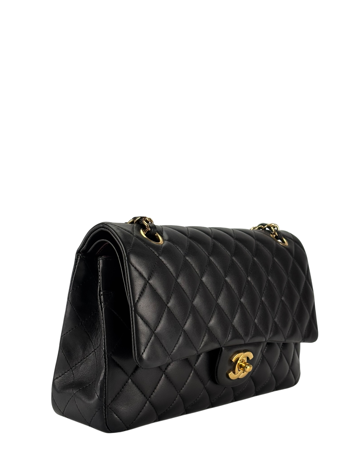 CHANEL - Medium Classic Double Flap Bag Black Lambskin Gold Hardware (CF25) 