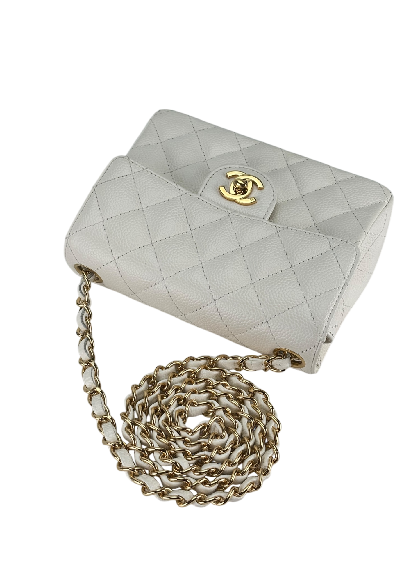 CHANEL - White Caviar Skin Mini Matelasse Single Flap Shoulder Bag