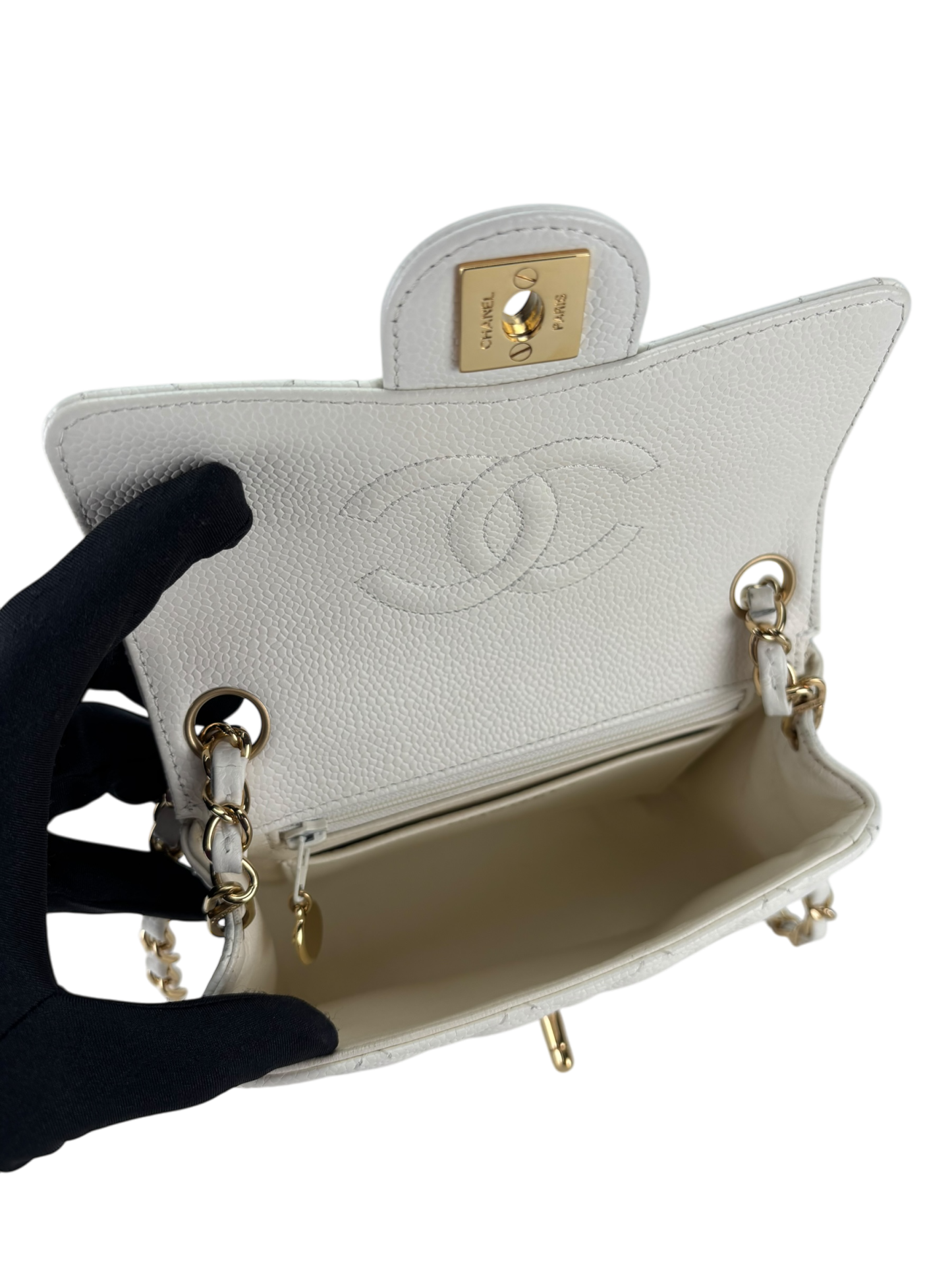 CHANEL - White Caviar Skin Mini Matelasse Single Flap Shoulder Bag