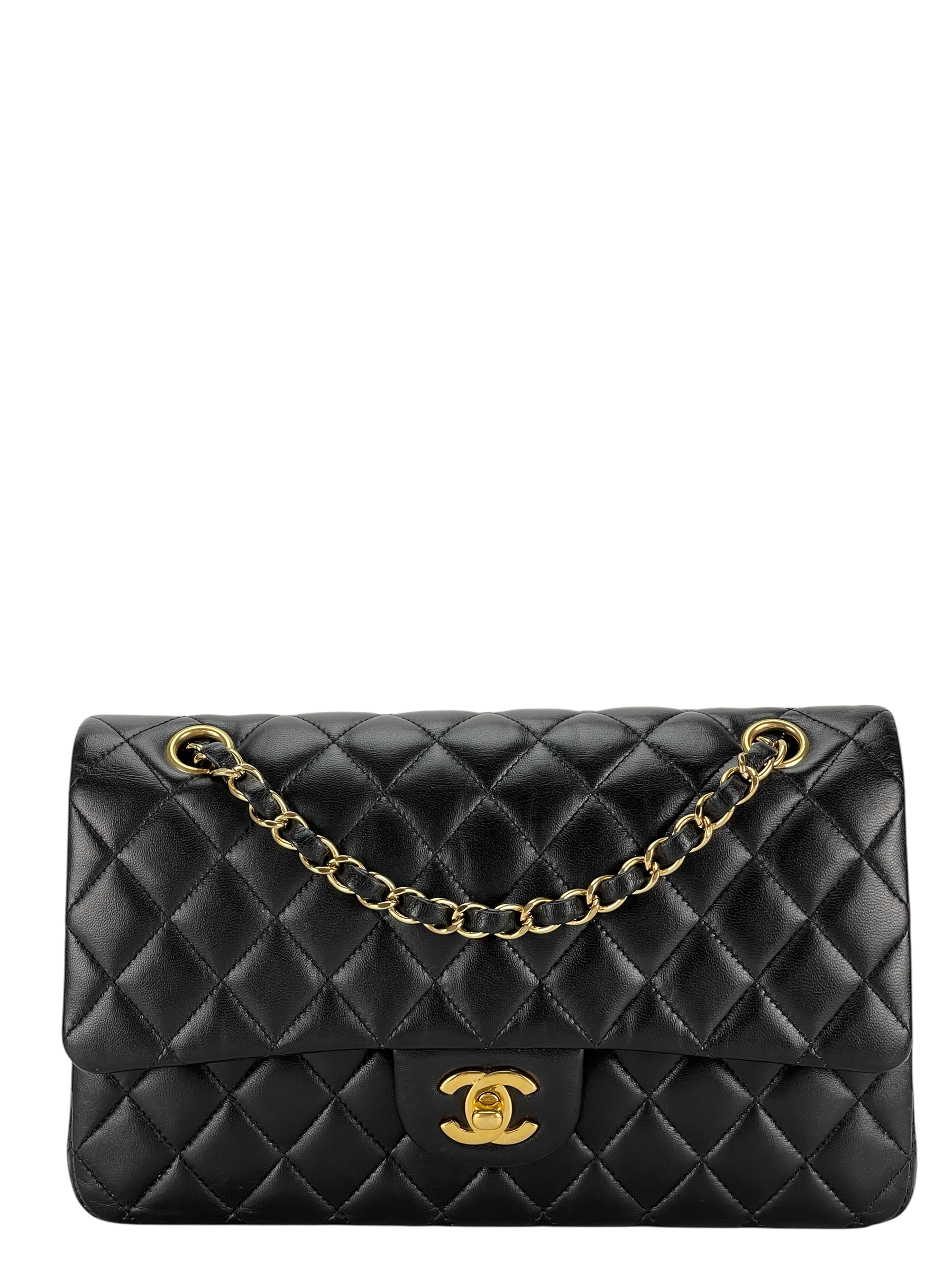 CHANEL - Medium Classic Double Flap Bag Black Lambskin Gold Hardware (CF25) 