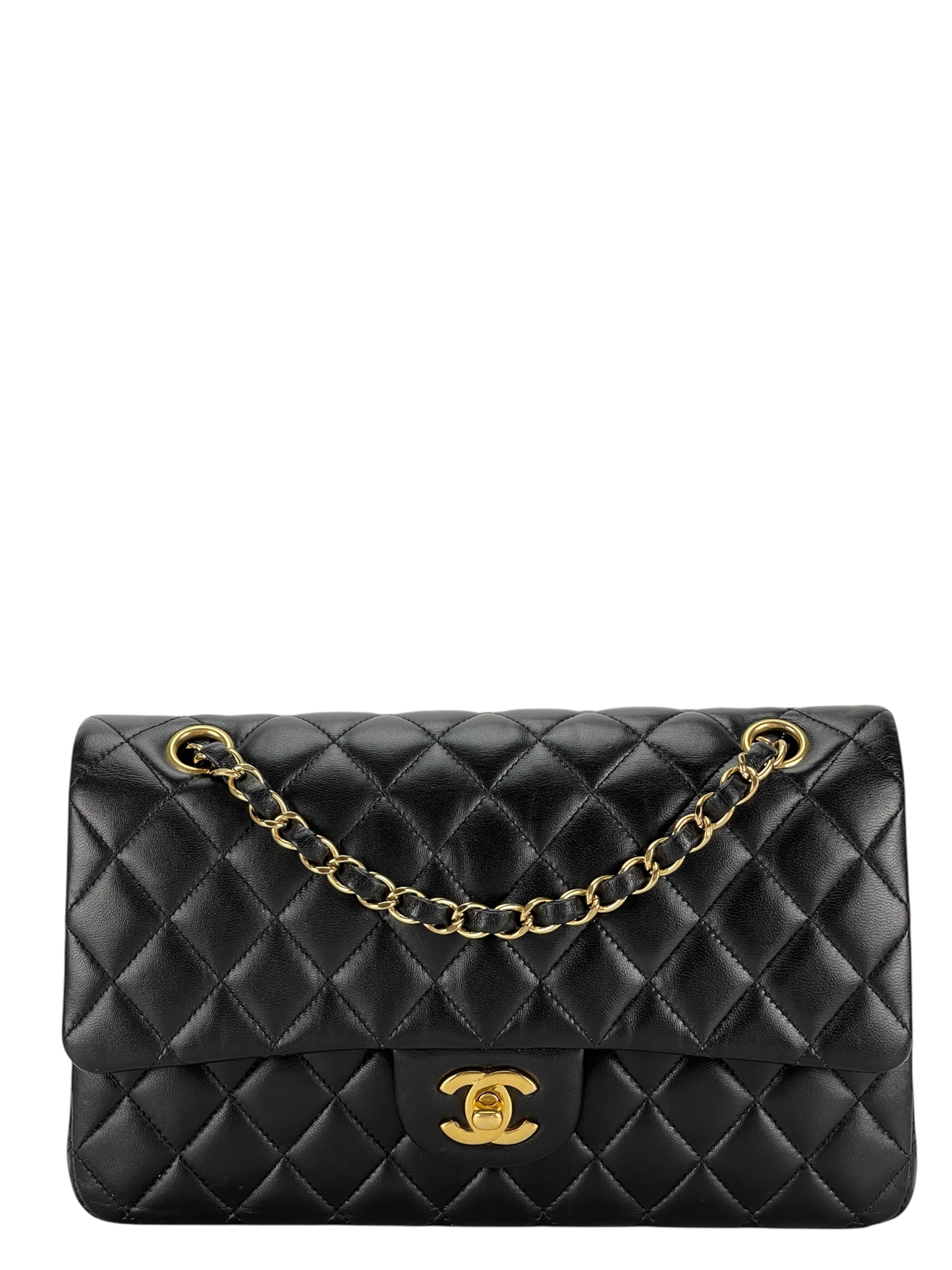 CHANEL - Medium Classic Double Flap Bag Black Lambskin Gold Hardware (CF25)