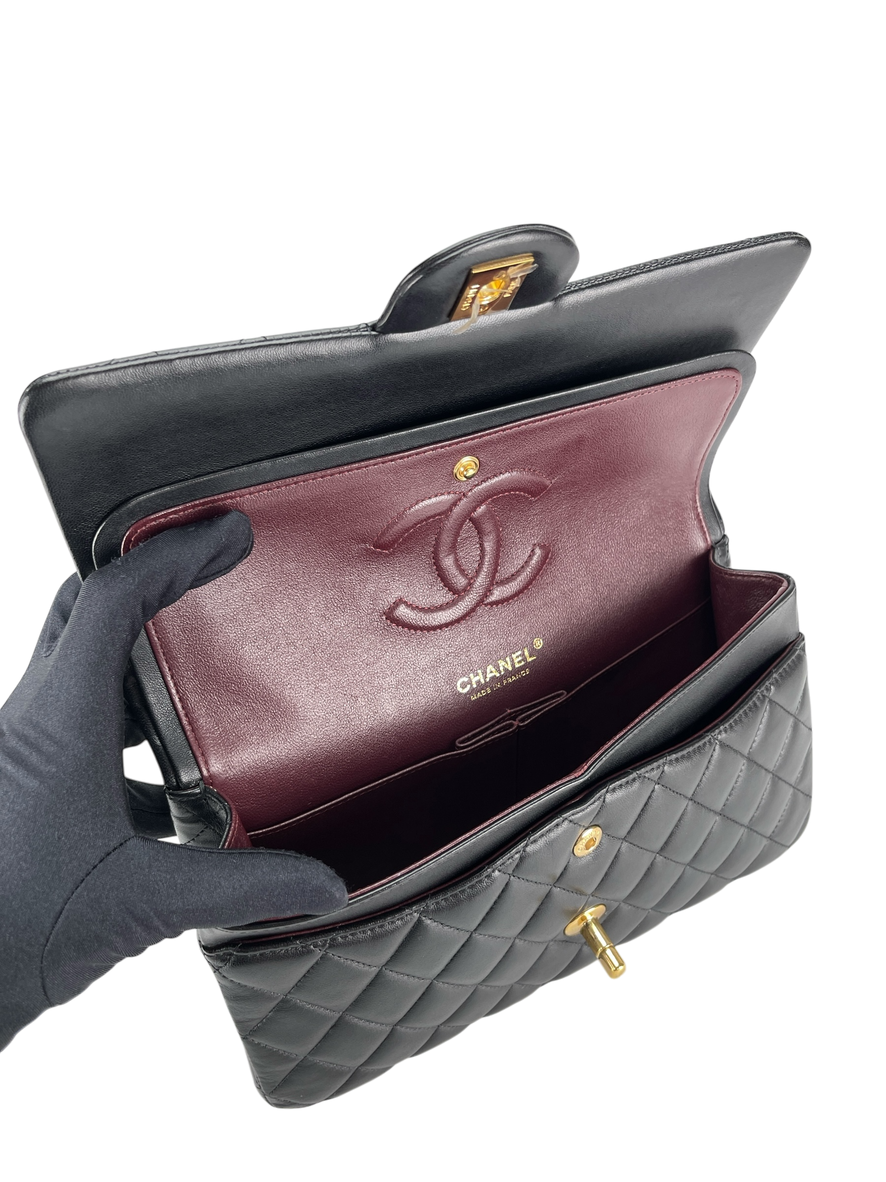 CHANEL - Medium Classic Double Flap Bag Black Lambskin Gold Hardware (CF25)