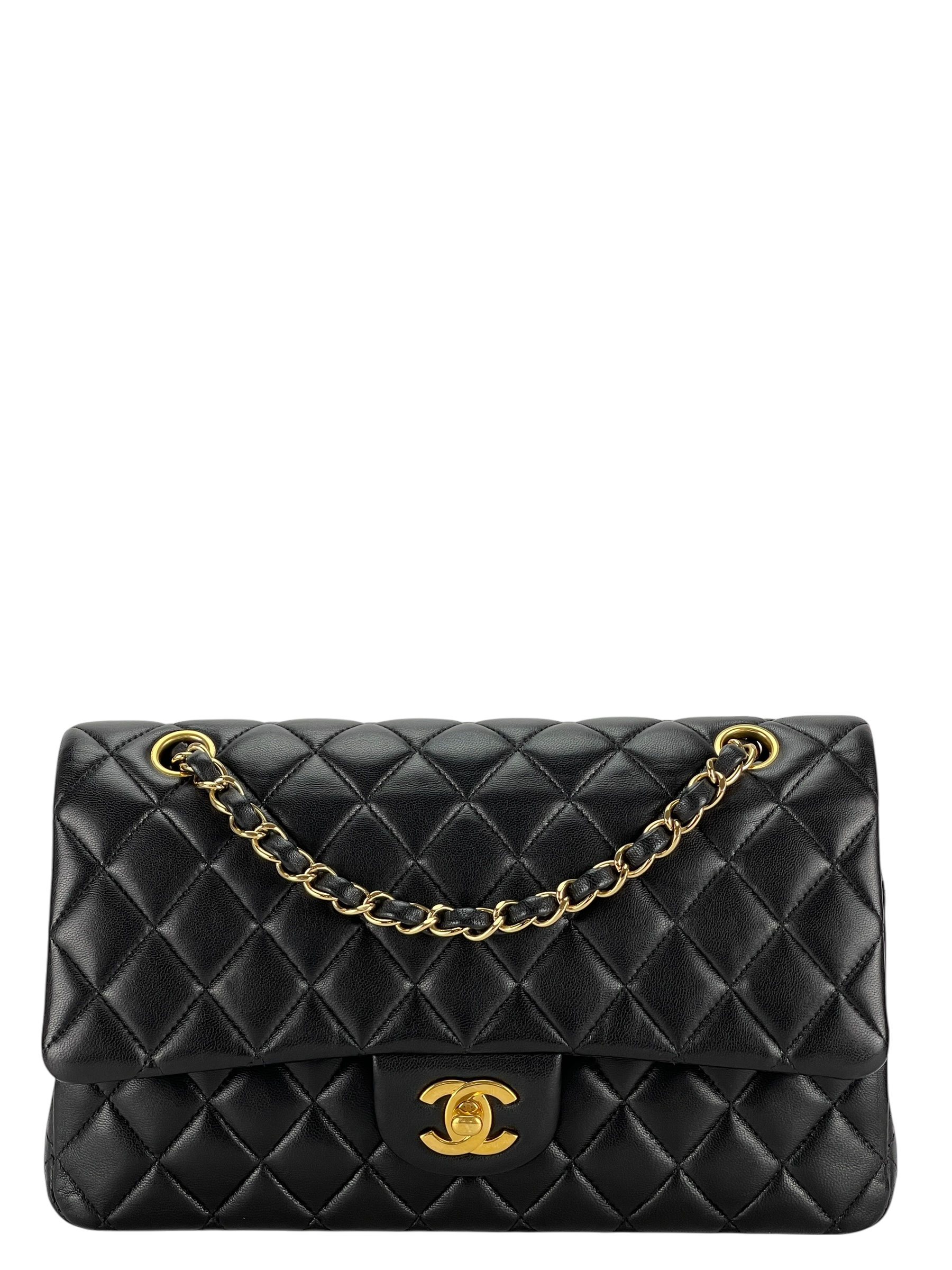 CHANEL - Medium Classic Double Flap Bag Black Lambskin Gold Hardware (CF25) 
