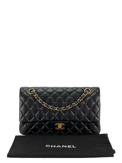 CHANEL - Medium Classic Double Flap Bag Black Lambskin Gold Hardware (CF25) 