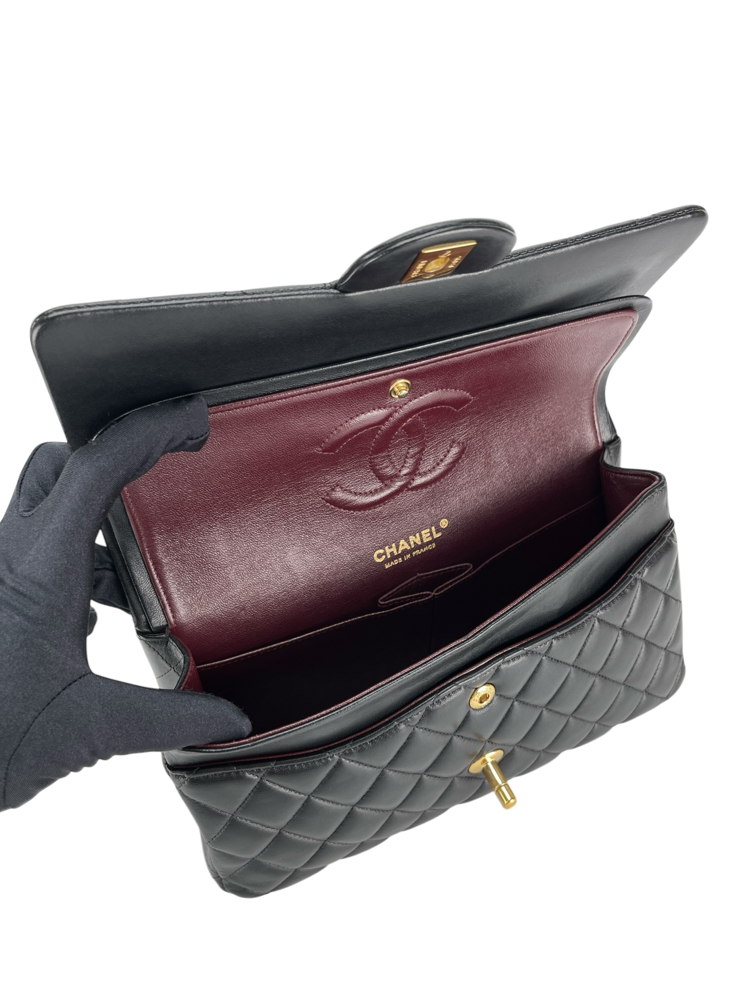CHANEL - Medium Classic Double Flap Bag Black Lambskin Gold Hardware (CF25)