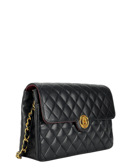 CHANEL - Black Lambskin Matelasse Chain Shoulder Bag 