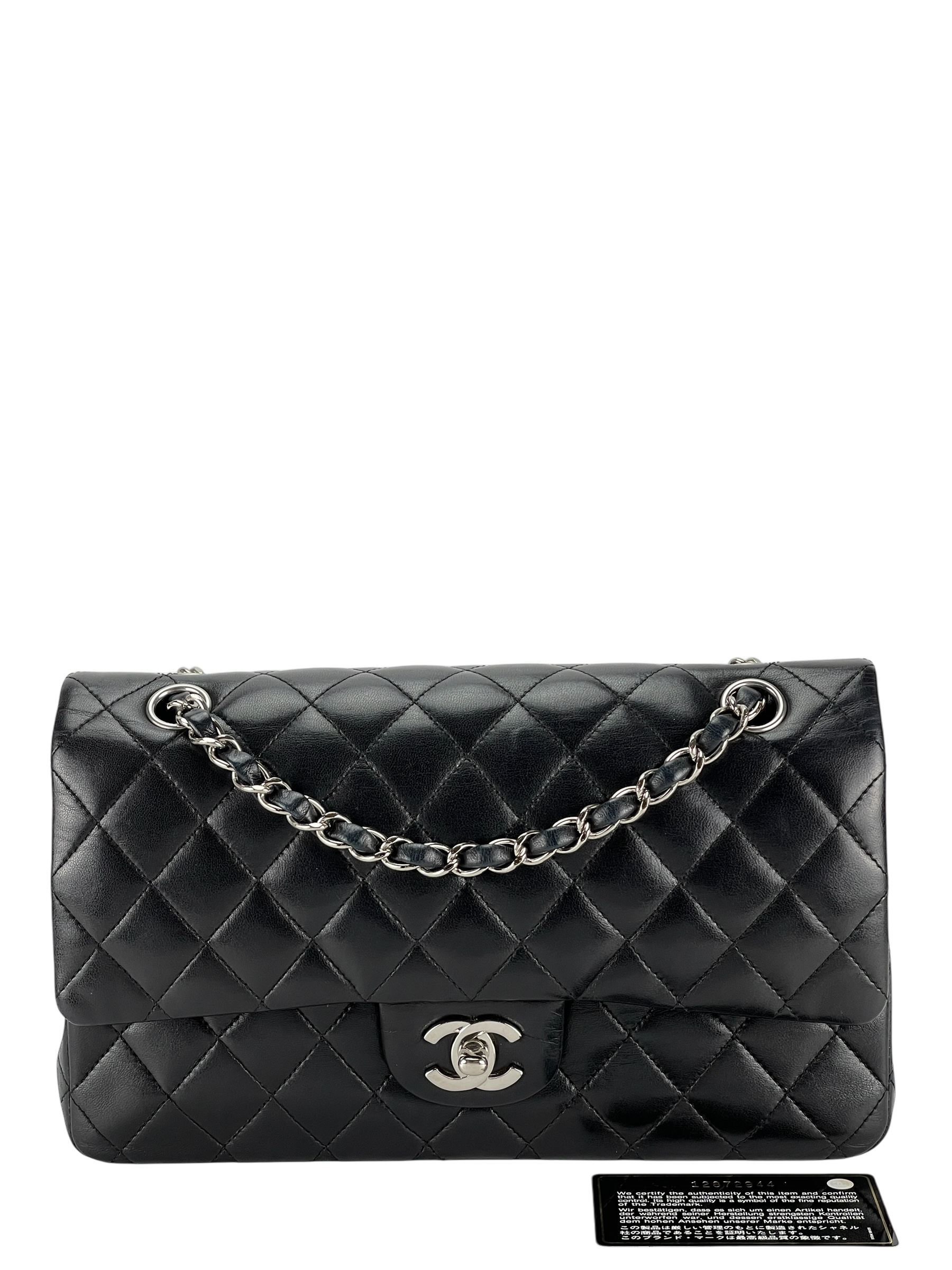 CHANEL - Medium Classic Double Flap Bag Black Lambskin Sliver Hardware (CF25) 