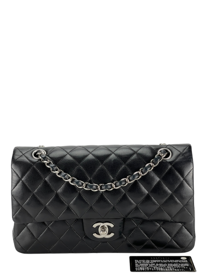 CHANEL - Medium Classic Double Flap Bag Black Lambskin Sliver Hardware (CF25) 