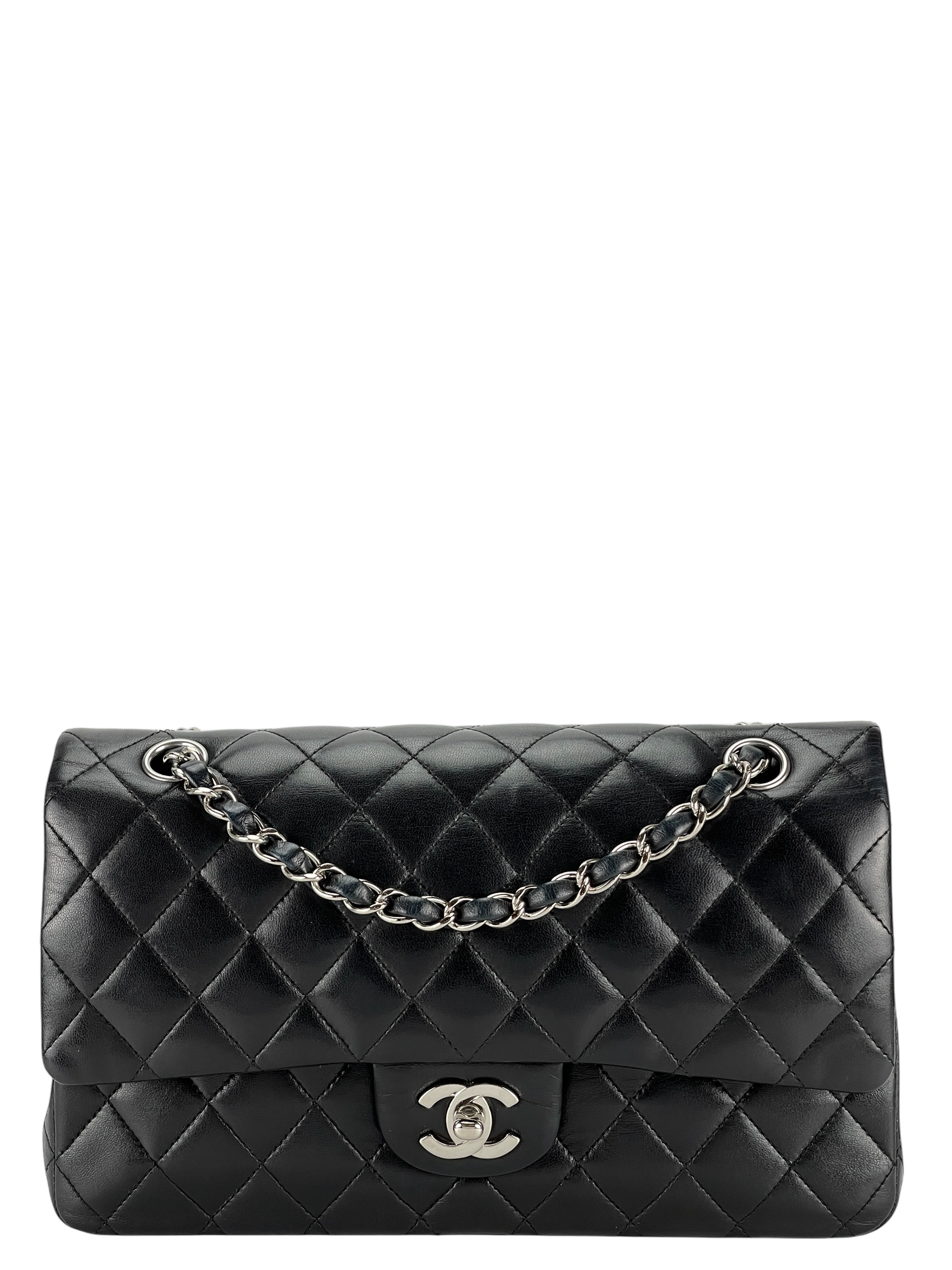 CHANEL - Medium Classic Double Flap Bag Black Lambskin Sliver Hardware (CF25) 