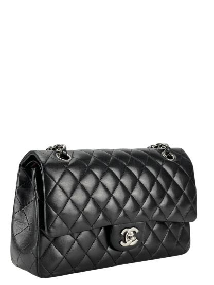 CHANEL - Medium Classic Double Flap Bag Black Lambskin Sliver Hardware (CF25) 