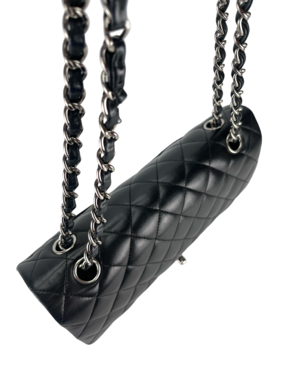 CHANEL - Medium Classic Double Flap Bag Black Lambskin Sliver Hardware (CF25) 