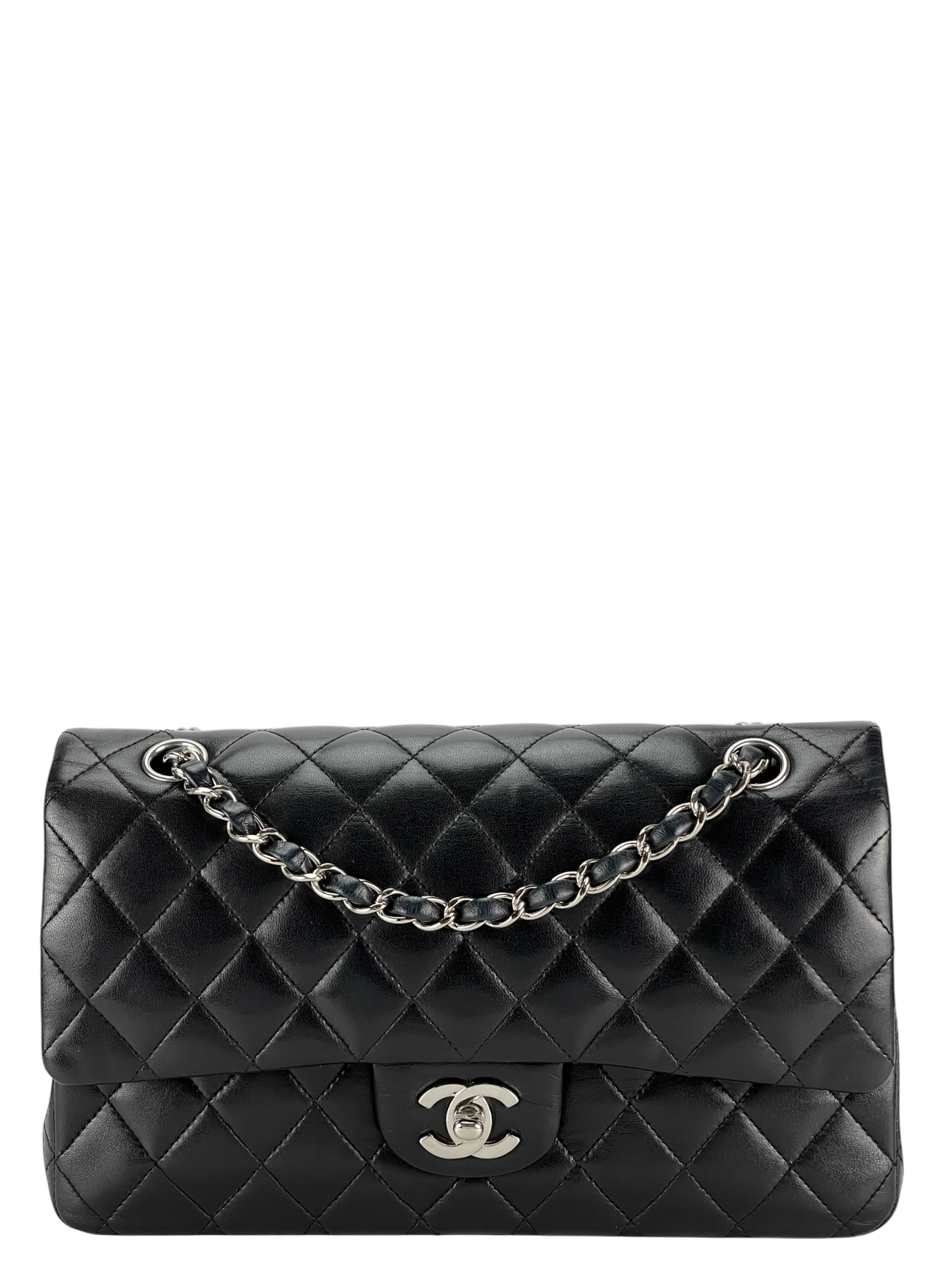 CHANEL - Medium Classic Double Flap Bag Black Lambskin Sliver Hardware (CF25) 