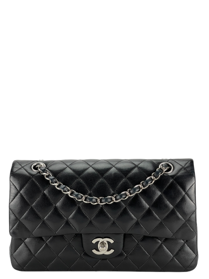 CHANEL - Medium Classic Double Flap Bag Black Lambskin Sliver Hardware (CF25) 