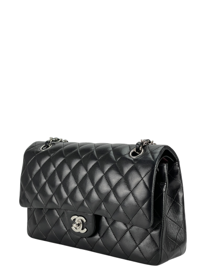 CHANEL - Medium Classic Double Flap Bag Black Lambskin Sliver Hardware (CF25) 
