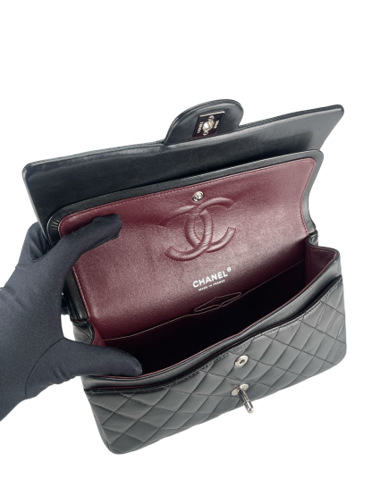 CHANEL - Medium Classic Double Flap Bag Black Lambskin Sliver Hardware (CF25) 
