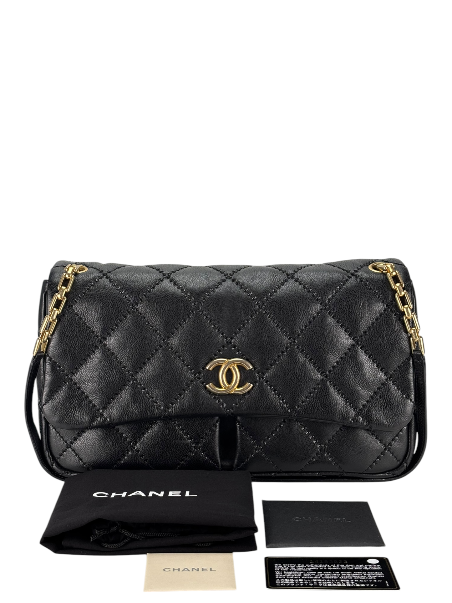 CHANEL - Black Lambskin Matelasse Chain Shoulder Bag