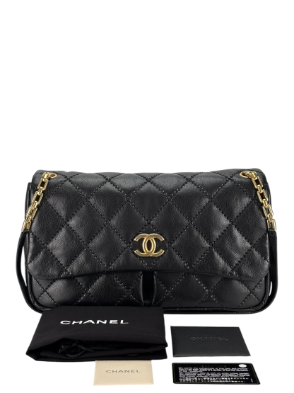 CHANEL - Black Lambskin Matelasse Chain Shoulder Bag 