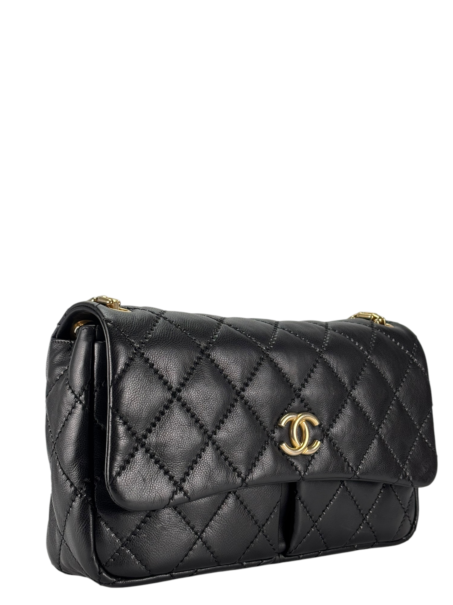 CHANEL - Black Lambskin Matelasse Chain Shoulder Bag