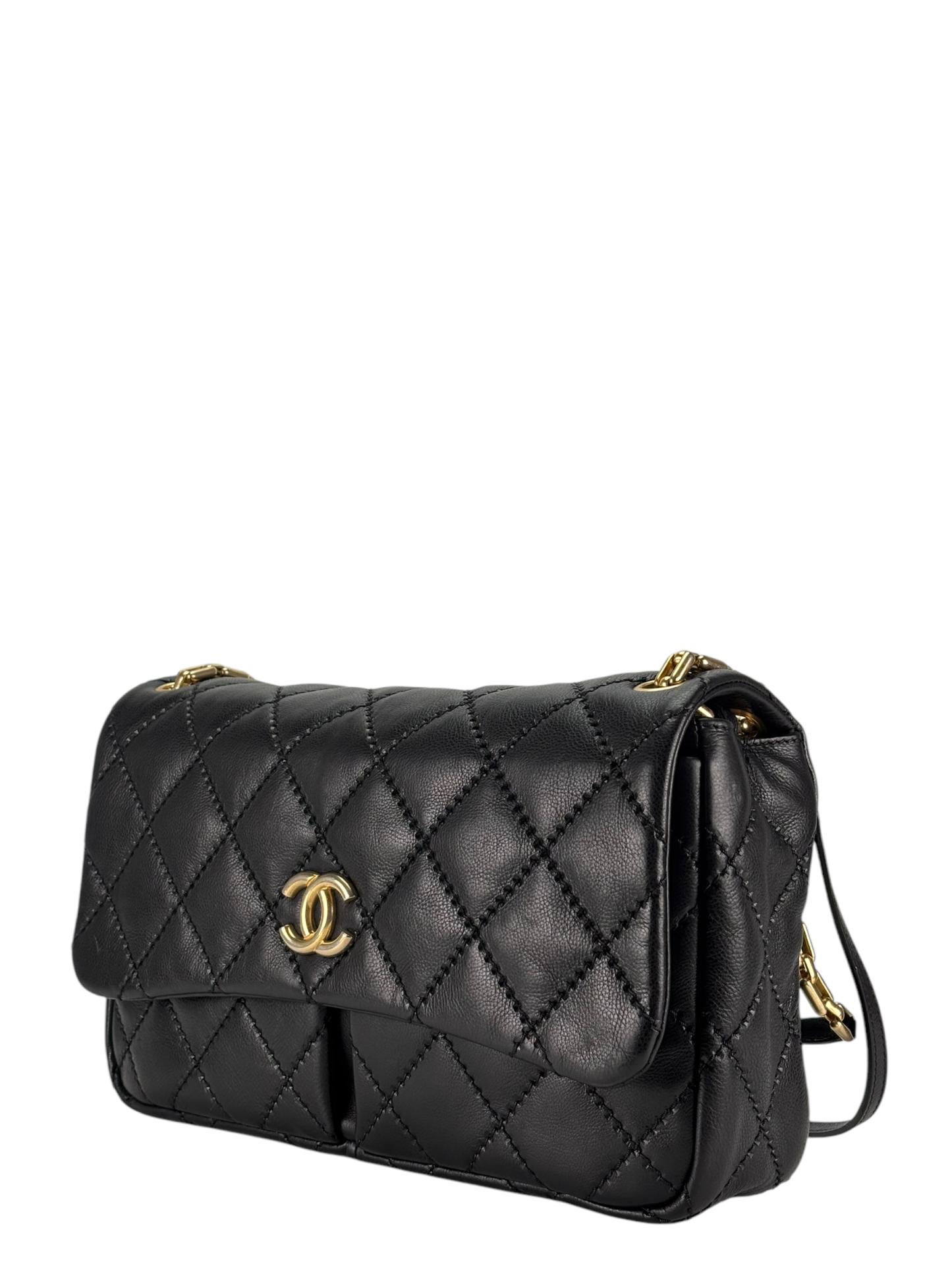 CHANEL - Black Lambskin Matelasse Chain Shoulder Bag