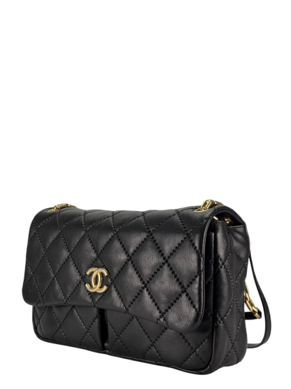 CHANEL - Black Lambskin Matelasse Chain Shoulder Bag 