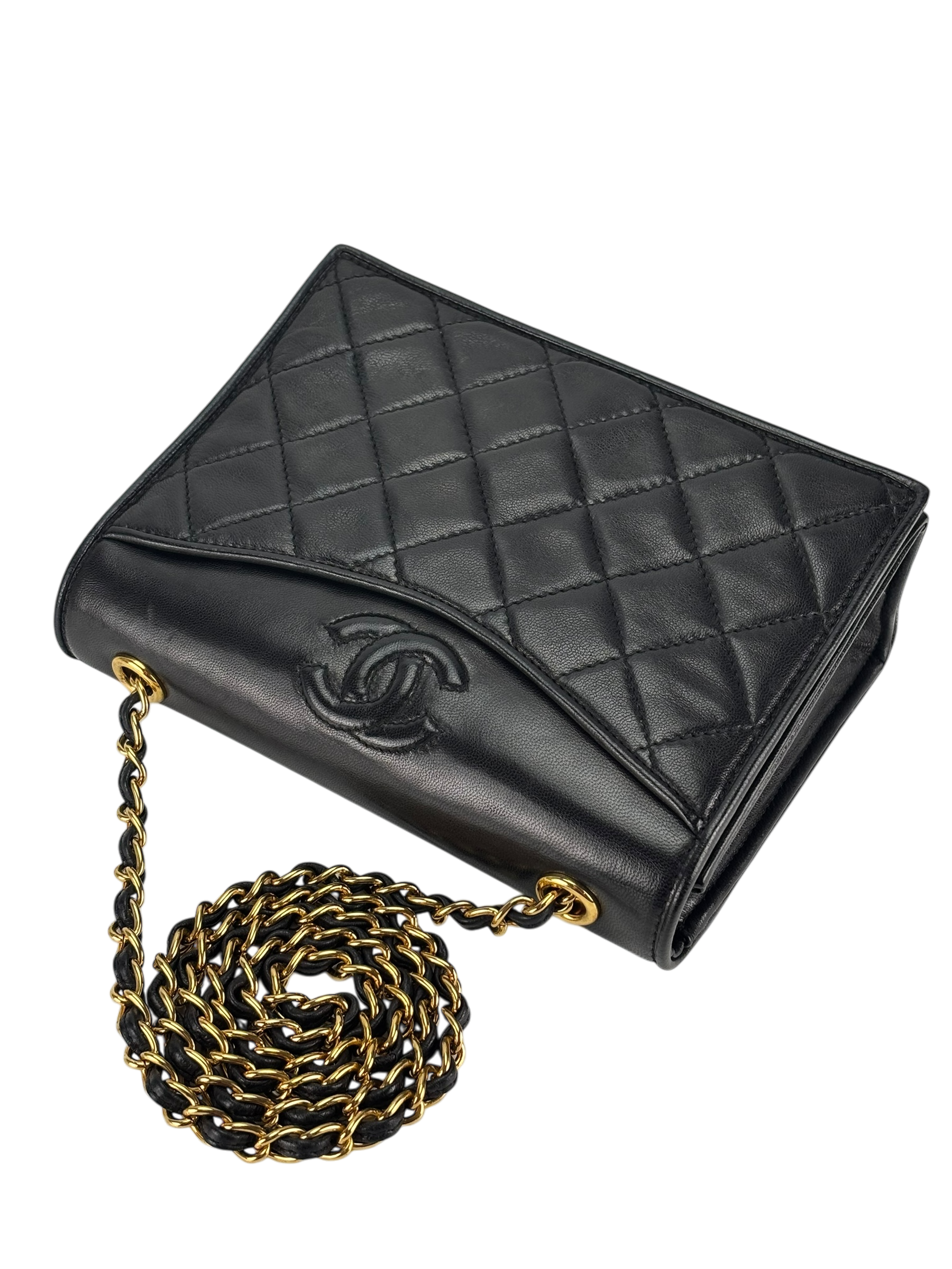 CHANEL - Black Lambskin Matelasse Coco Mark Chain Shoulder Bag Gold Hardware 