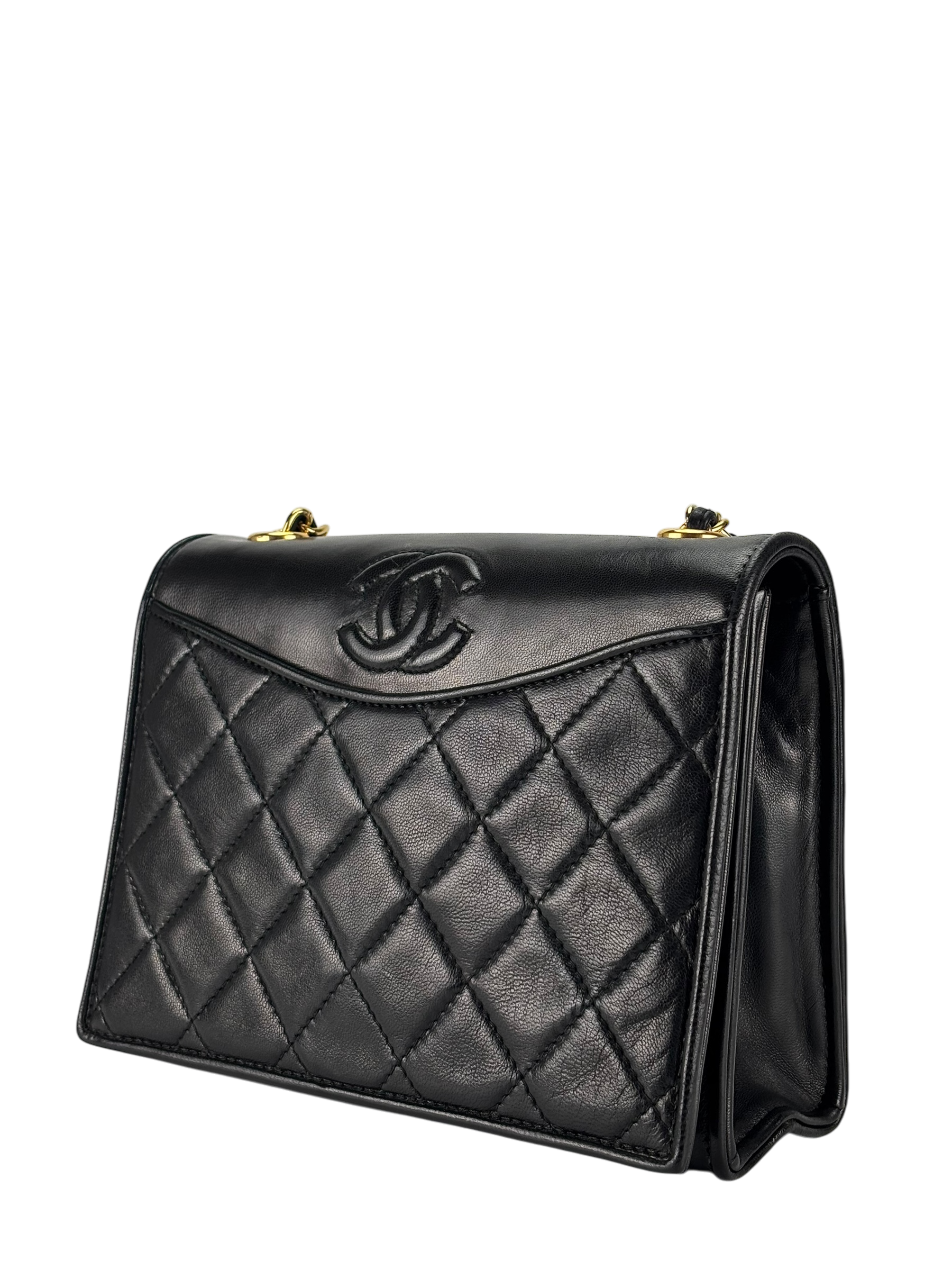 CHANEL - Black Lambskin Matelasse Coco Mark Chain Shoulder Bag Gold Hardware 