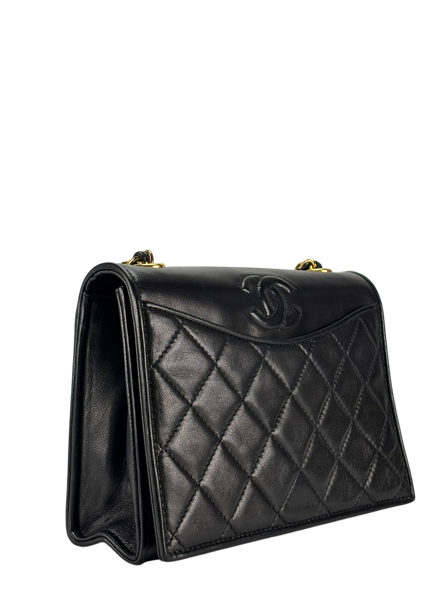 CHANEL - Black Lambskin Matelasse Coco Mark Chain Shoulder Bag Gold Hardware 