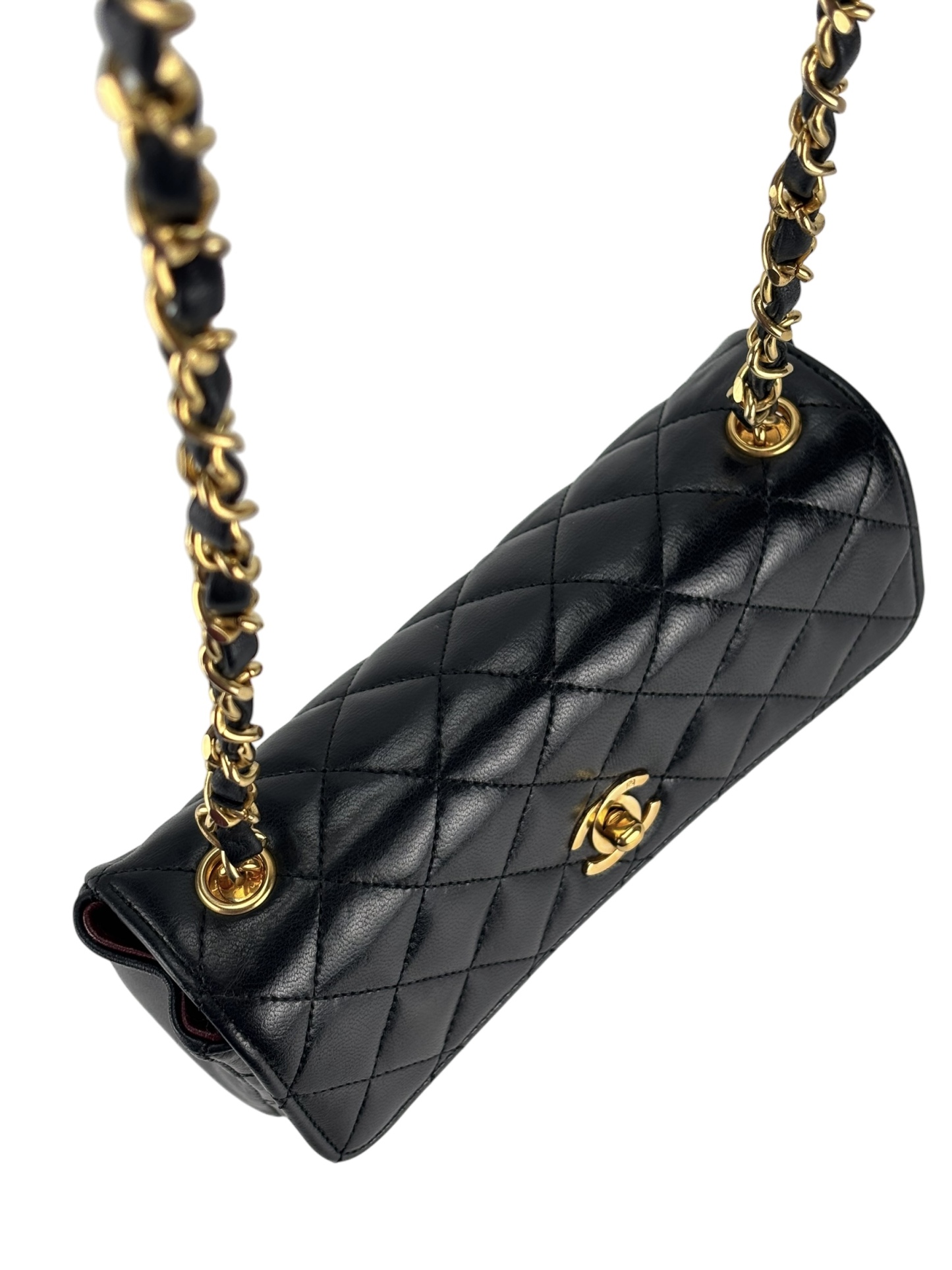 CHANEL - Black Lambskin Mini Matelasse Chain Shoulder Bag