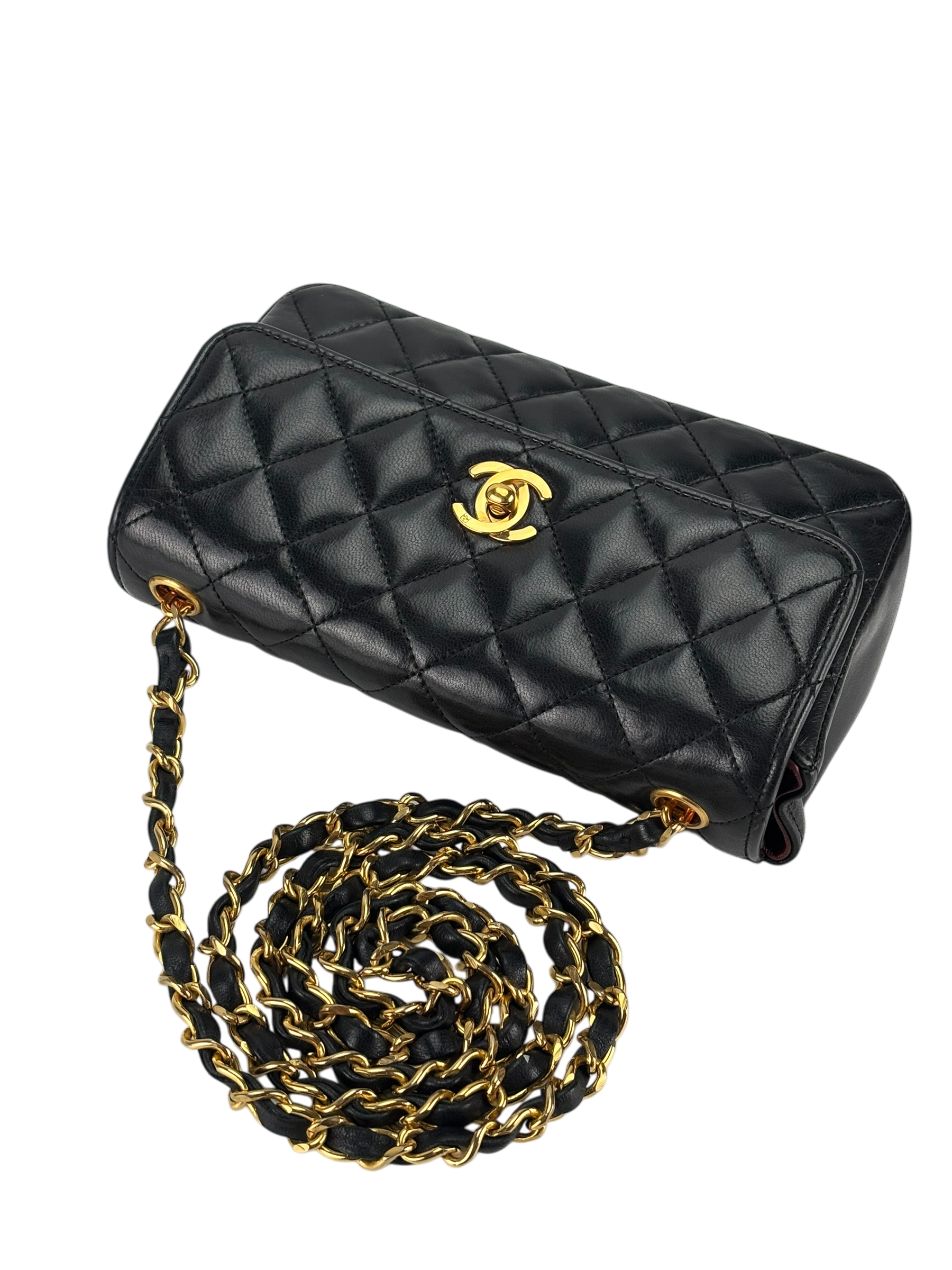 CHANEL - Black Lambskin Mini Matelasse Chain Shoulder Bag 