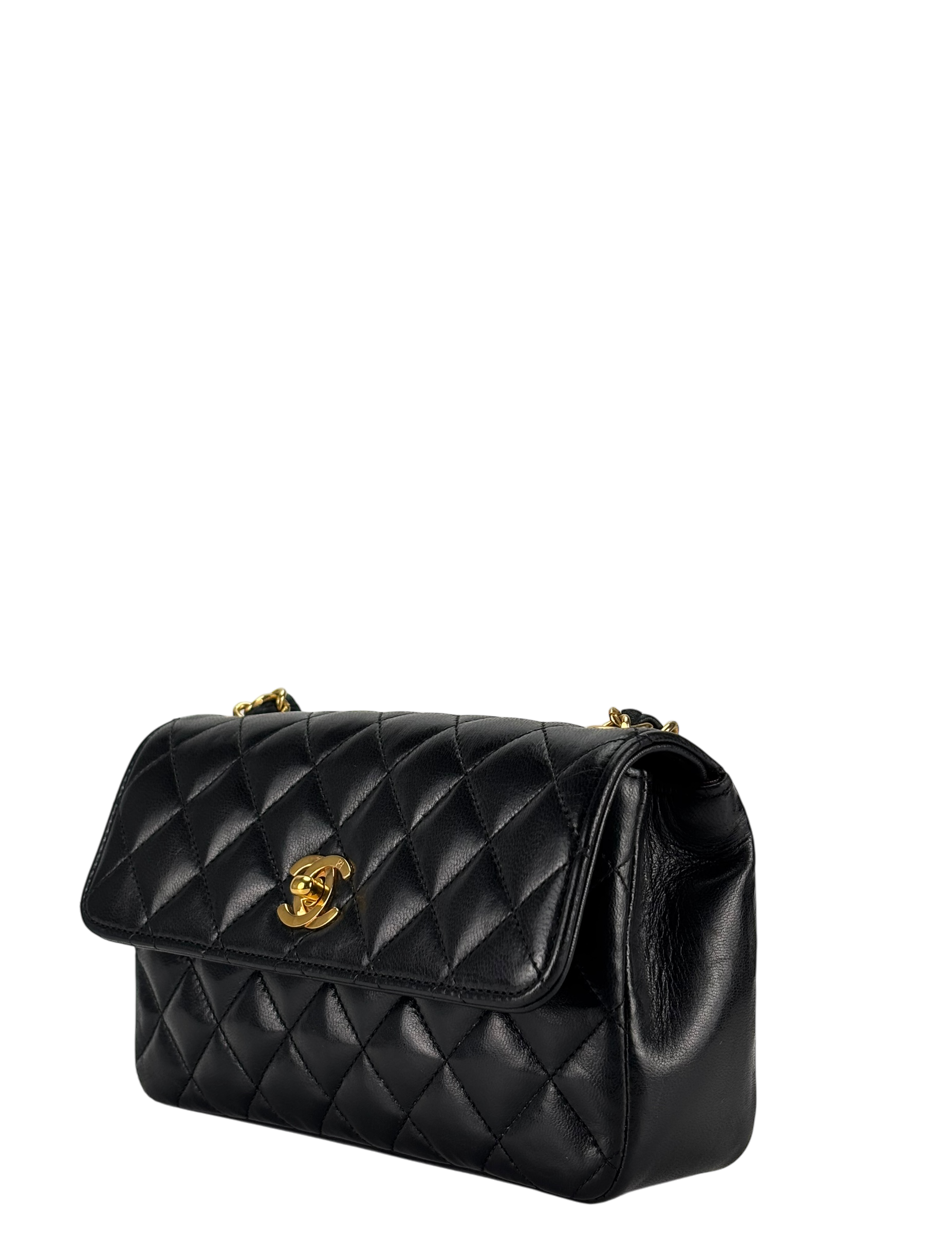CHANEL - Black Lambskin Mini Matelasse Chain Shoulder Bag 