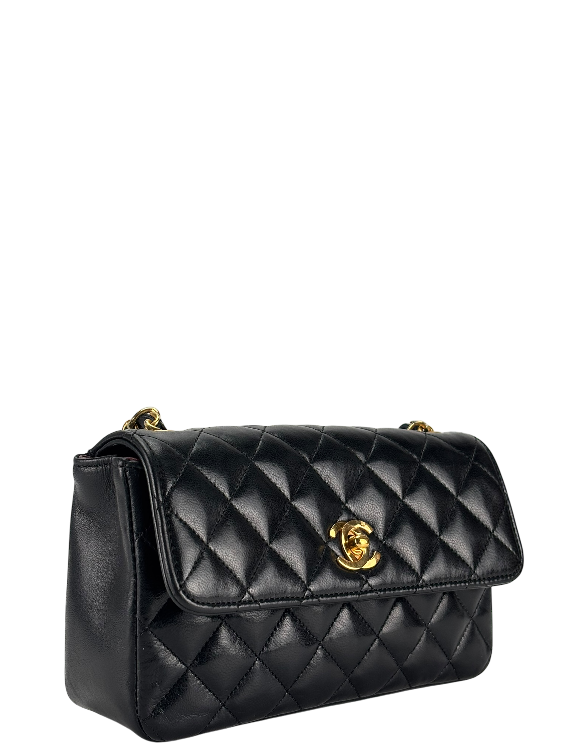 CHANEL - Black Lambskin Mini Matelasse Chain Shoulder Bag 