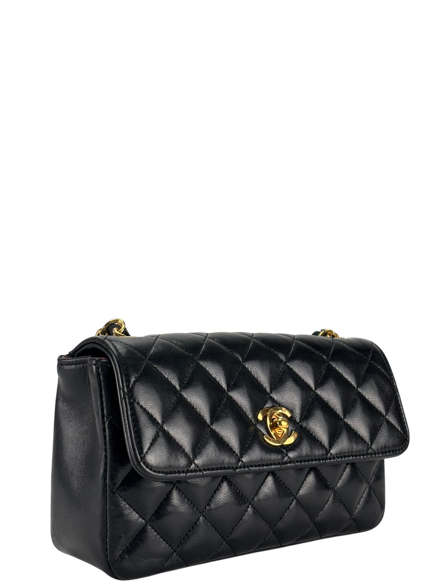 CHANEL - Black Lambskin Mini Matelasse Chain Shoulder Bag 